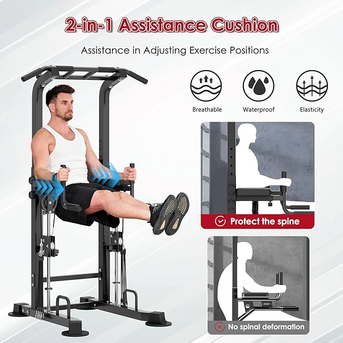 DlandHome Power Tower, Height Adjustable Pull Up Bar Dip Station with Assisted Pad, Multi-Function Home Gym Strength Training Fitness Equipment 330LBS, Black