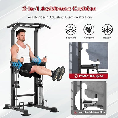 DlandHome Power Tower, Height Adjustable Pull Up Bar Dip Station with Assisted Pad, Multi-Function Home Gym Strength Training Fitness Equipment 330LBS, Black