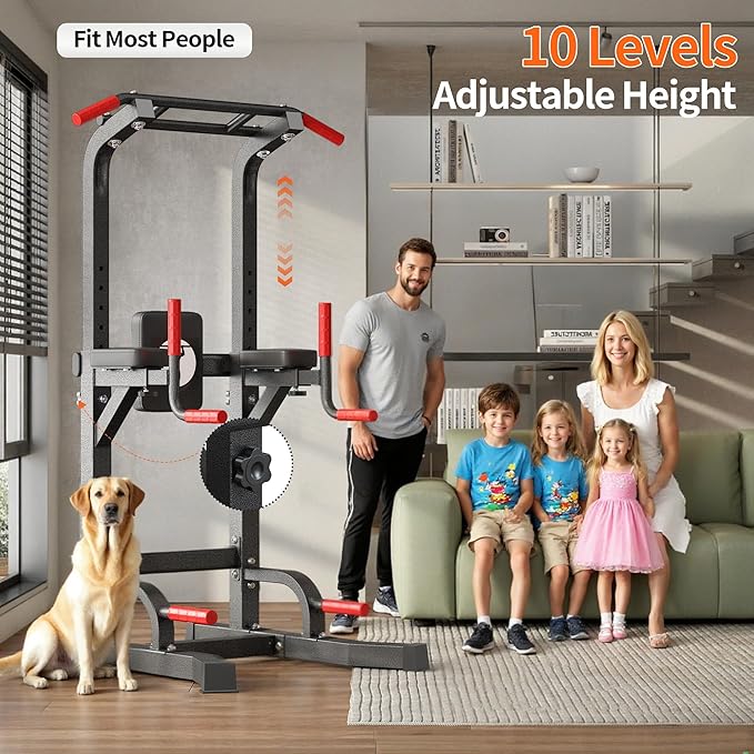 SogesPower Multi-Function Power Tower Pull Up Bar Station Pull Up Dip Station for Home Gym, 10-Level Adjustable Height Pull Up Bar Stand Dip Bar Strength Training Workout Equipment