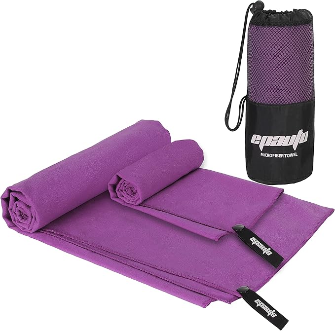 EPAuto 2-Pack Microfiber Quick Dry Towel Set - Lightweight, Super Absorbent & Compact Travel Towels (60"x30" & 24"x15") for Gym, Camping, Beach, Yoga & Backpacking, Purple