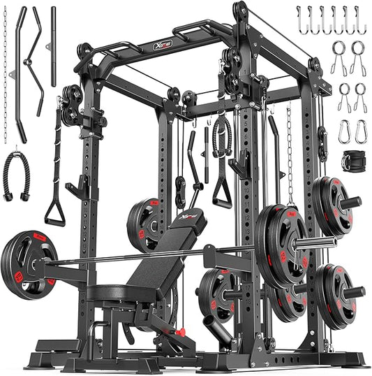 Power Rack Power Cage Multi-Function Squat Rack with Cable Crossover System Selectable More Training Attachment Power Rack for Garage & Home Gym