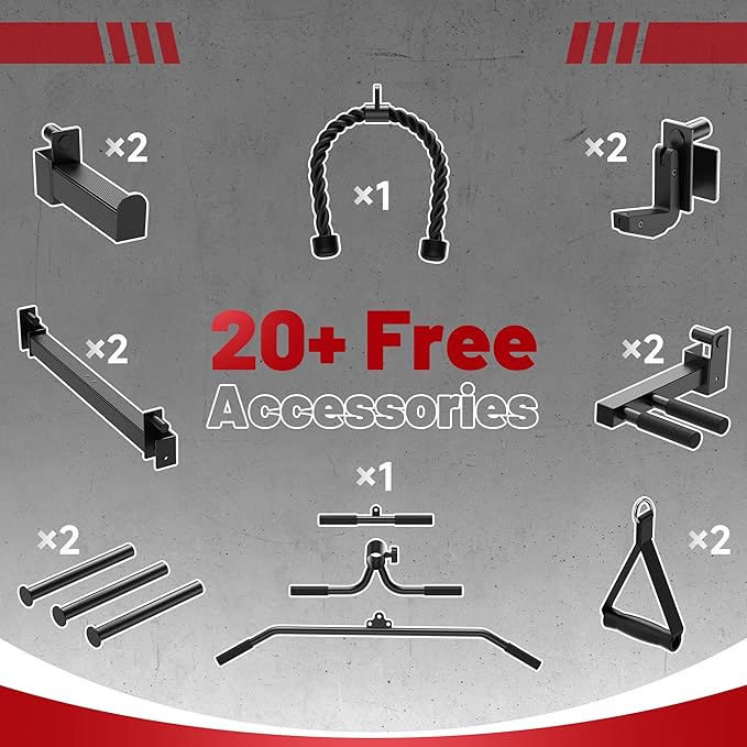 Sportsroyals Squat Rack, LAT Power Cage, Power Rack Multi-Function with Pulley System and Training Attachments for Home Gym