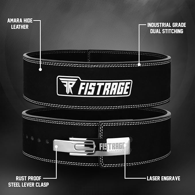 FISTRAGE Lever Buckle Weight Lifting Leather Black Belt Gym Back Support for Men & Women Training Fitness Exercise for Tough Workouts | Power Lifters | Supports Lumber Lower Back
