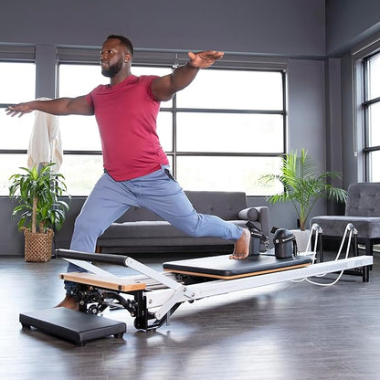 Merrithew™ at Home SPX® Reformer Package with Reformer Box, Footstrap, Padded Platform Extender and Metal Roll-up Pole – Pilates Workouts at Home