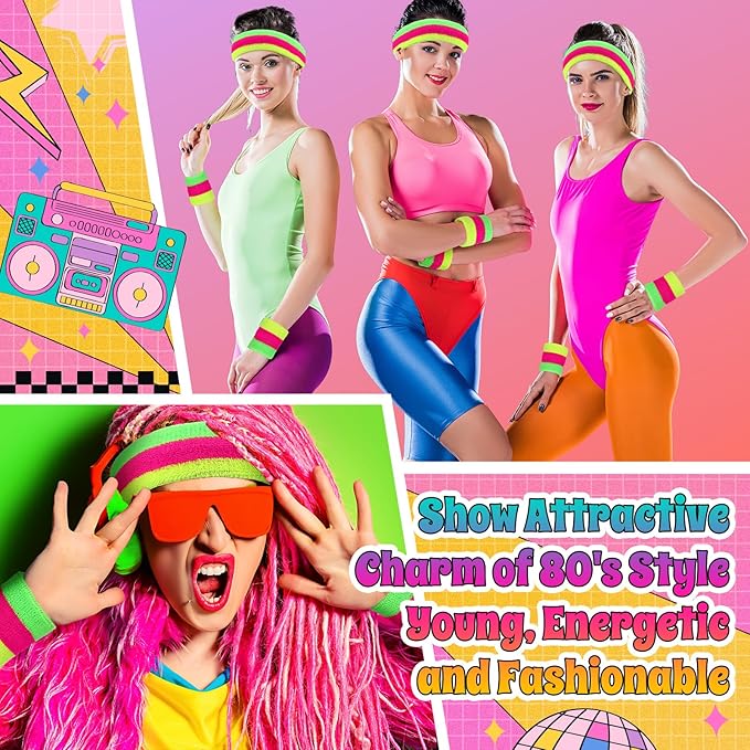3 Pack Neon Sweatbands Set 80s Wristband and Headband Color War Accessories Sports Sweatbands for Summer Ball Party