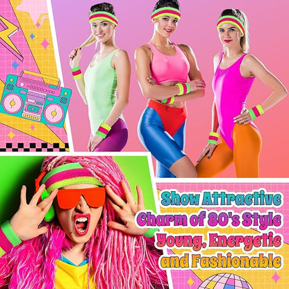 3 Pack Neon Sweatbands Set 80s Wristband and Headband Color War Accessories Sports Sweatbands for Summer Ball Party