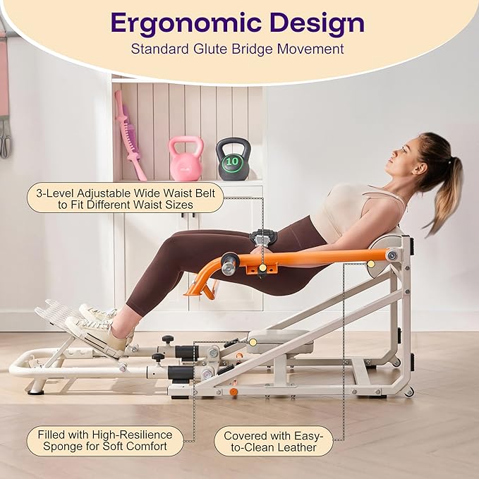 SPORTSOUL Foldable Hip Thrust Machine with Weight Holder, Plate-Loaded Glute Bridge Machine with Band Peg, Heavy Duty Glute Workout Equipment Home Gym for Booty Muscles Building, Adjustable Footboard