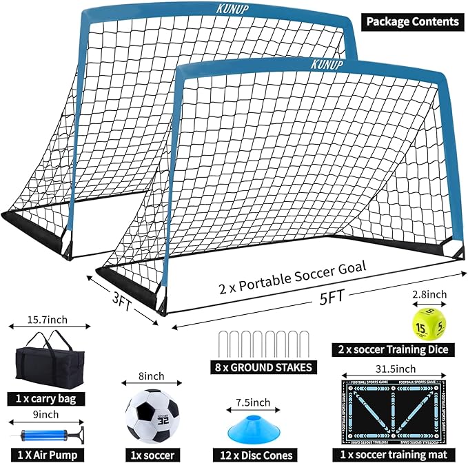 2 Set Kids Soccer Goals for Backyard with Training Equipment, Portable Foldable Practice Nets with Ball, Dice & Mat, Cones, Air Pump and Carry Bag for Toddler Youth Outdoor Sports Game