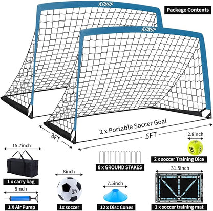 2 Set Kids Soccer Goals for Backyard with Training Equipment, Portable Foldable Practice Nets with Ball, Dice & Mat, Cones, Air Pump and Carry Bag for Toddler Youth Outdoor Sports Game