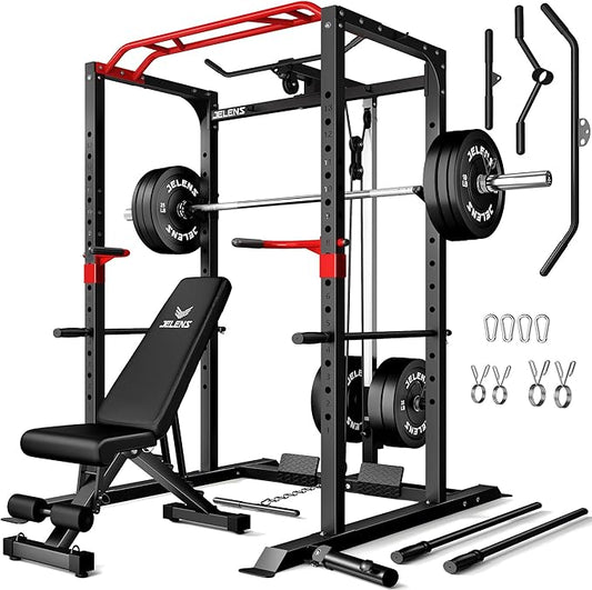 S11 Power Cage, 2000LB Multi-Function Power Rack with LAT Pulldown, Squat Rack with Adjustable Pulley System and Training Attachments, Weight Rack for Home Gym