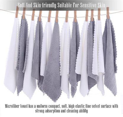 TENSTARS 12 Pack Premium Washcloths Set - Quick Drying- Soft Microfiber Coral Velvet Highly Absorbent Wash Clothes - Multipurpose Use as Bath, Spa, Facial, Fingertip Towel (Grey and White)
