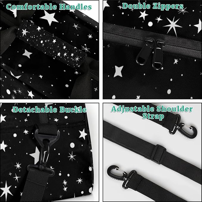 Soccer Sports Duffel Bag, Weekender Gymnastics Training Bag for Men Traveling Business Trip, Soccer Goal Stars Pattern Black