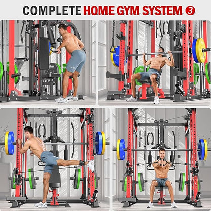 Smith Machine with Cable Crossover System, Multi-Function Power Cage Squat Rack for Home Gym, Power Rack and Packages Weight Sets.