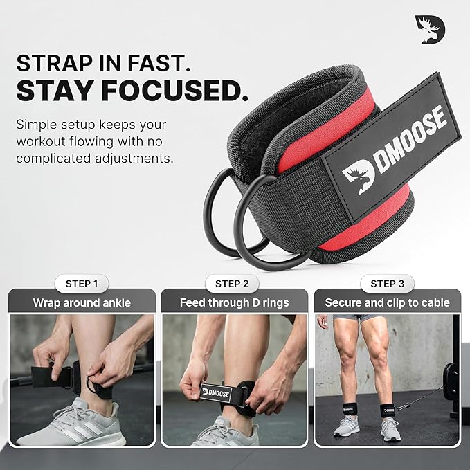 DMoose Fitness Ankle Strap for Cable Machine - One Size Fit with Premium Padding Cuffs, Ankle Bands for Working Out, Booty Workouts, Leg Extension, Hip Abductors, Kickbacks & Lower Body Exercises
