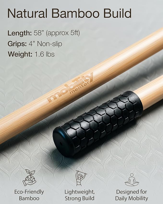 Yoga Stick - 5ft Bamboo Stretching Stick for Mobility with 20+ Video Tutorials - Posture Corrector, Stiffness Relief - Dowel Rod for Physical Therapy, Exercise Stick for Stretching with Non-Slip Grips