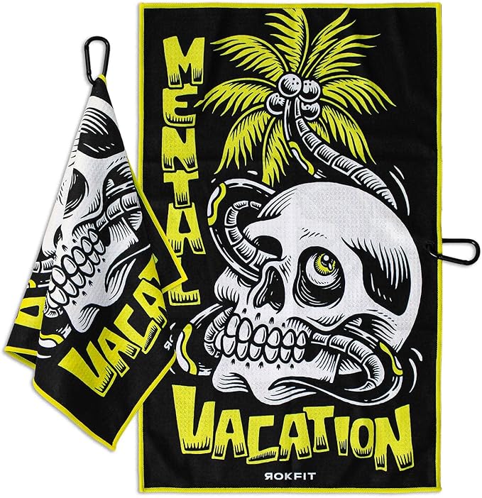 RokFit Gym & Golf Towel – Multi-Use, Quick-Dry, Durable Utility Towel with Bold Graphic and Carabiner Clip (Mental Vacation)