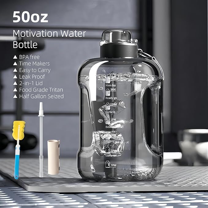 50oz & 84oz Motivational Water Bottle - Time-Marked, Leak Proof & BPA free. 2-in-1 Lid with Straw, Food-Grade Tritan. Half Gallon Sized, Ideal for Gym, Fitness & Outdoor Activities (50oz, Grey)