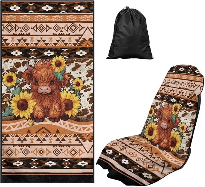 Bulopur Highland Cow Sweat Proof Towel for Car Seat Soft Comfortable Removable Car Seat Towel Front Seats Cover After Gym Beach Yoga Workout Aztec Automotive Accessories