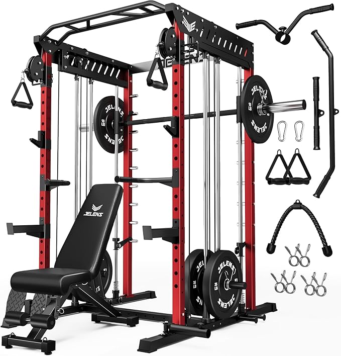 M21 Smith Machine, Multi-Function Power Cage with Dual Pulley Cable Crossover System, 2000LBS All-in-One Squat Rack with Smith Bar and Attachments for Home Gym Strength Training