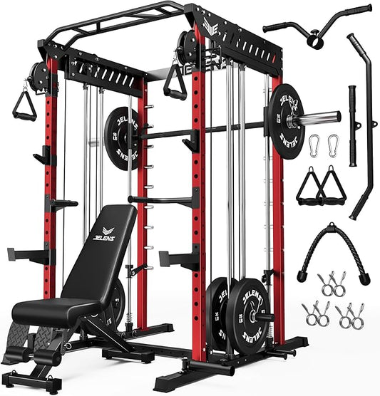 M21 Smith Machine, Multi-Function Power Cage with Dual Pulley Cable Crossover System, 2000LBS All-in-One Squat Rack with Smith Bar and Attachments for Home Gym Strength Training