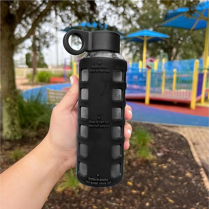 purifyou 40oz / 32oz / 22oz / 12oz Borosilicate Glass Water Bottle with Time & Volume Markers, Silicone Sleeve, Stainless Steel Lid | Reusable Glass Bottle for Water & Juice (12oz Jet Black)