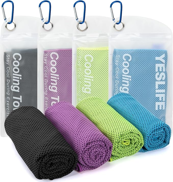 YESLIFE 4 Pack Cooling Towels 40"x12", Gym Towels for Men and Women, Soft Breathable Workout Towels for Yoga, Running, Sport, Workout, Camping, Fitness & More (Light Blue, Green, Purple, Black)