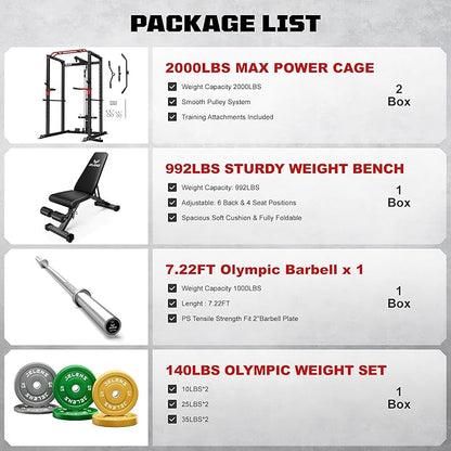 S11 Power Cage, 2000LB Multi-Function Power Rack with LAT Pulldown, Squat Rack with Adjustable Pulley System and Training Attachments, Weight Rack for Home Gym