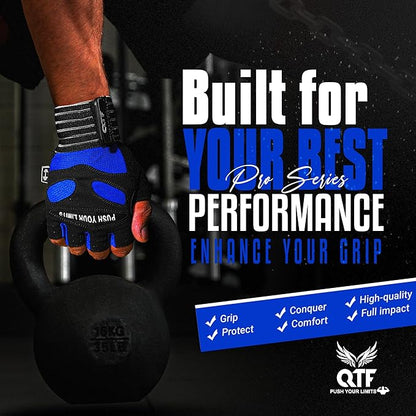 QTF Weight Lifting Gym Workout Gloves with Long Wrist Strap, Fingerless Gym Gloves for Men & Women, Full Palm Protection, for Weightlifting, Training, Fitness, Hanging