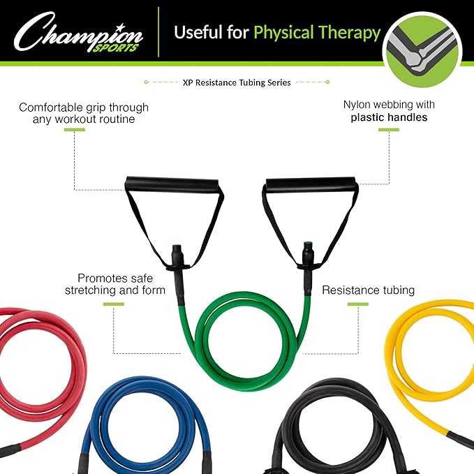 Champion Sports XP Resistance Tube Bands for Men and Women, Light Resistance, Green - Durable Fitness Band for Strength Training, Stretching, Rehabilitation - Premium Home Workout Equipment