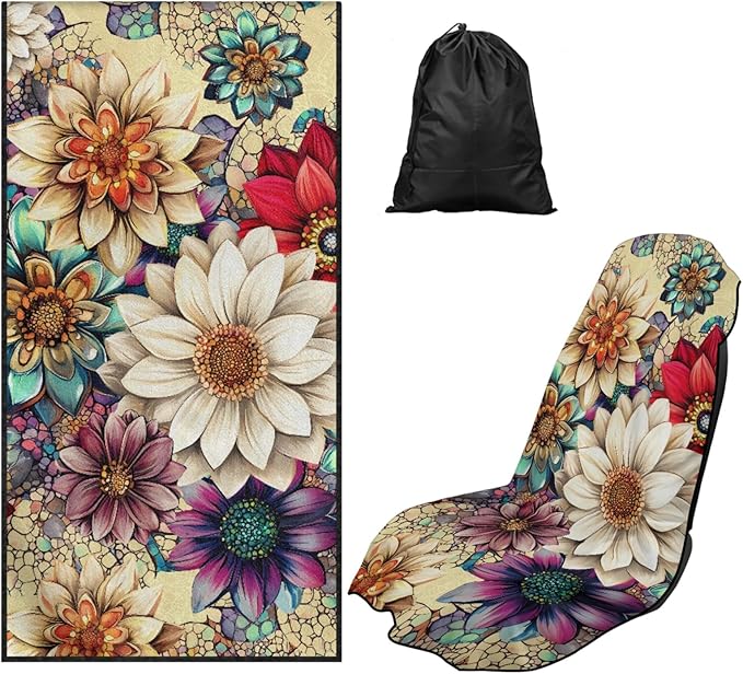 Bulopur Dahlia Floral Car Seat Sweat Protector Soft Sand Free Beach Towel for Yoga Mat Non-Slip Breathable Car Seat Cover Washable Sweat Towel Fits for SUV Sedan Truck