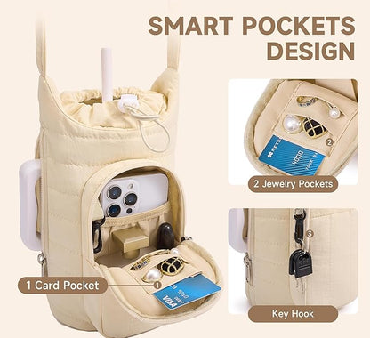 WOOMADA Water Bottle Holder Bag with Strap, 40/32 oz Crossbody Bag Gym Accessories, Sling Purses for Women(Beige)