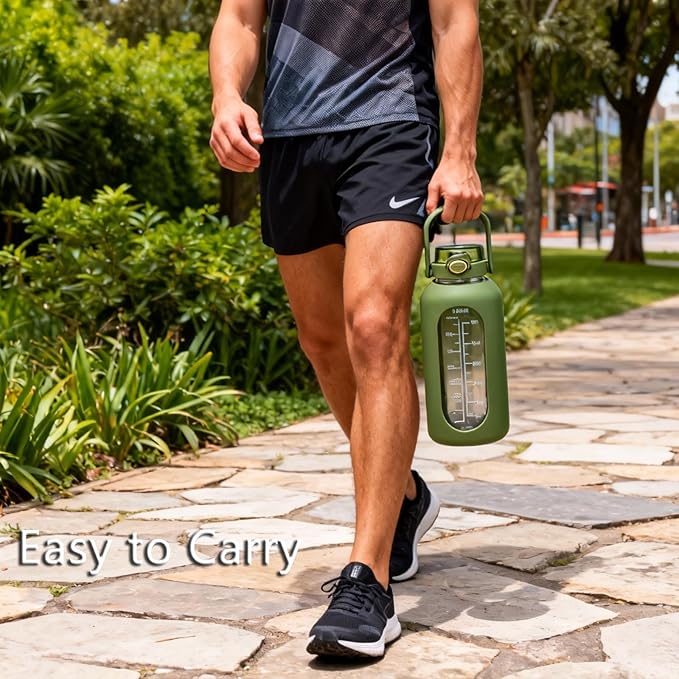 SIEROZUR 64 oz Glass Water Bottle with Straw and Handle Lid Half Gallon Motivational Glass Bottle with Silicone Sleeve and Time Marker Large Reusable Sports Water Jug for Gym Home Workout