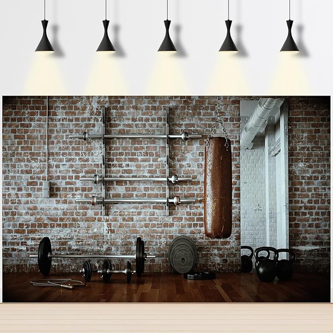 Gym Backdrop Fitness Room Indoor Sports Photography Background Workout Room with Different Weight Lifting Equipment Backdrops Muscle Training Exercise Sandbag Photo Studio Props Vinyl 20x10ft