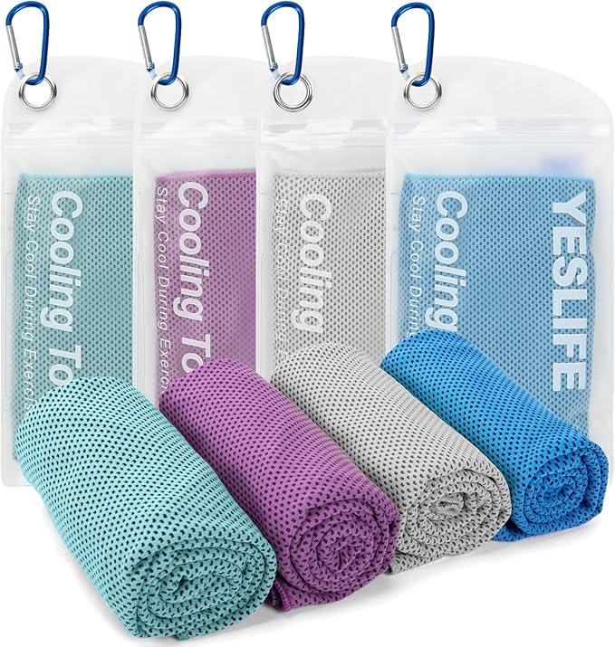 YESLIFE 4 Pack Cooling Towels 40"x12", Gym Towels for Men and Women, Soft Breathable Workout Towels for Yoga, Running, Sport, Workout, Camping, Fitness & More (Grey, Lake Blue, Purple, Light Blue)