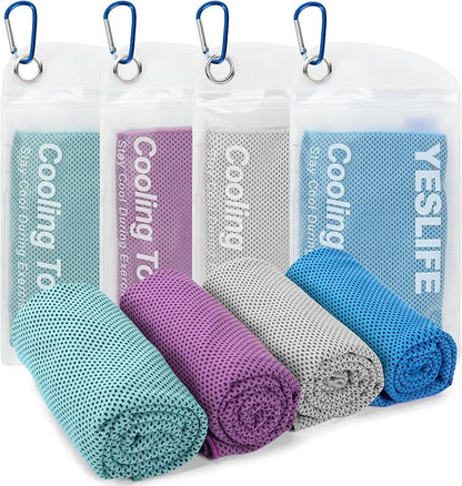 YESLIFE 4 Pack Cooling Towels 40"x12", Gym Towels for Men and Women, Soft Breathable Workout Towels for Yoga, Running, Sport, Workout, Camping, Fitness & More (Grey, Lake Blue, Purple, Light Blue)