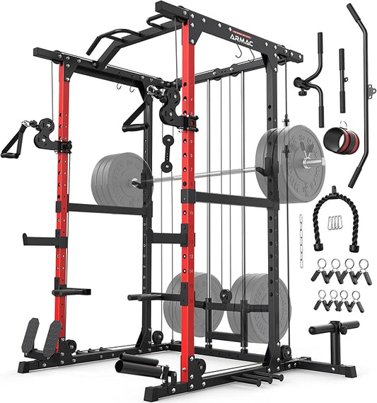 Sportsroyals Squat Rack, LAT Power Cage, Power Rack Multi-Function with Pulley System and Training Attachments for Home Gym