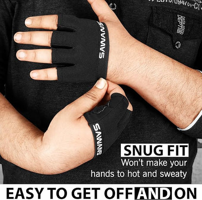 SAWANS Nonslip Workout Gloves for Men & Women, Weightlifting, Gym, Exercise, Fitness, Black, Minimalist, Finger Protectors, Half Finger Glove, Ambidextrous, Adjustable