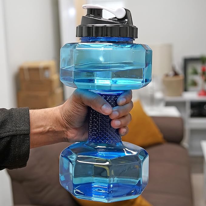 Dumbbell Water Bottle 2.2L – Portable Gym & Fitness Sports Bottle for Workout Hydration, See-Through Blue Design