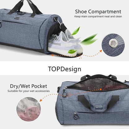TOPDesign Gym Bag for Women & Men, Unisex Duffel Bag with Shoe Compartment & Wet Pocket for Travel Sports Gym (M Textured Blue)