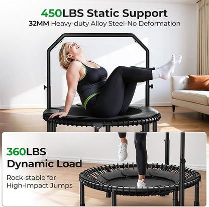 BCAN BT2 450/550LBS Mini Rebounder Trampoline for Adults with Bar, Fitness Trampoline with Bungees, Adjustable Handle, Stable & Quiet, Indoor Outdoor, Whole-Body Workout & Relaxation at Home-40IN/48IN