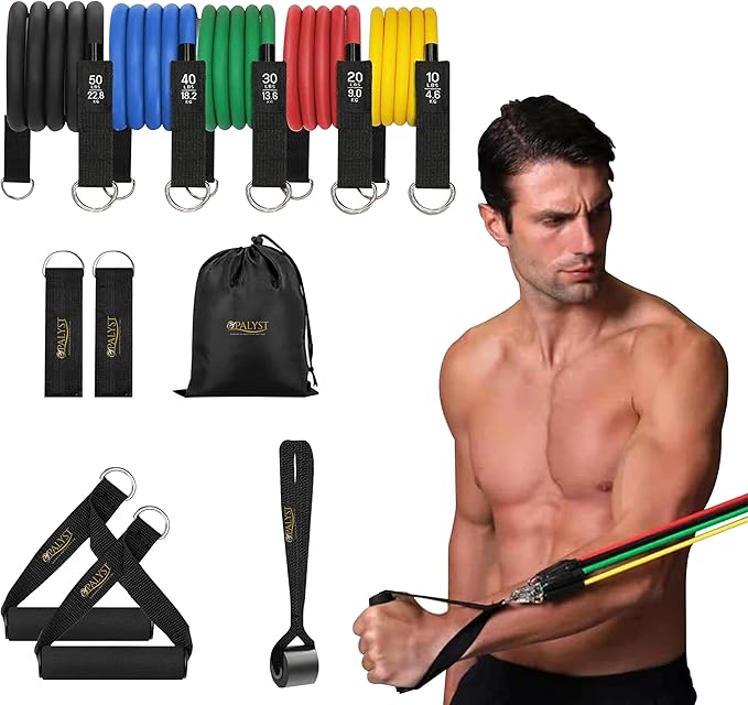 11pcs Resistance Band Set for Home Gym – Heavy Duty Exercise Tube Bands with Handles, Door Anchor & Ankle Straps – Full Body Workout Equipment for Strength Training, Yoga, Pilates, Physical Therapy