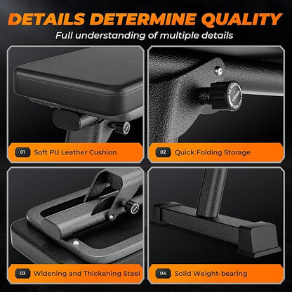 BODY RHYTHM Semi-Commercial Foldable Flat Bench for Multi-Purpose Weight Training and Ab Workout, Flat Weight Workout Exercise Bench with 1000lb Weight Capacity for Strength Training Bench Press, Suitable for Home and Gym.