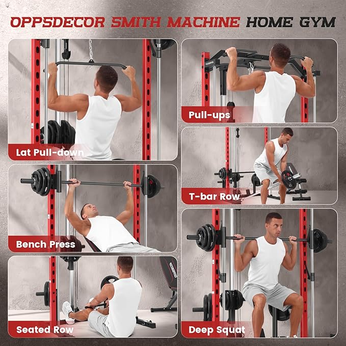 OPPSDECOR Smith Machine Power Rack for Home Gym - All-in-One Power Cage Squat Rack with LAT Pulldown, Cable Machine & Barbell Bar - Multi-Functional Strength Training Equipment