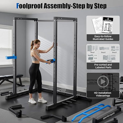Sportsroyals Squat Rack, LAT Power Cage, Power Rack Multi-Function with Pulley System and Training Attachments for Home Gym