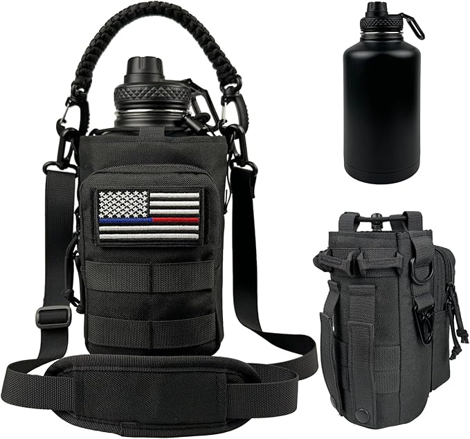 64 oz Insulated Water Bottle - Half Gallon Water Bottle with Sleeve Military Stainless Steel Water Jug with Handle for Men Sports Workout Hiking with Black Water Bottles Pouch