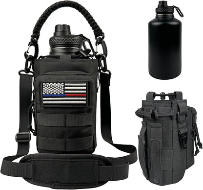 64 oz Insulated Water Bottle - Half Gallon Water Bottle with Sleeve Military Stainless Steel Water Jug with Handle for Men Sports Workout Hiking with Black Water Bottles Pouch