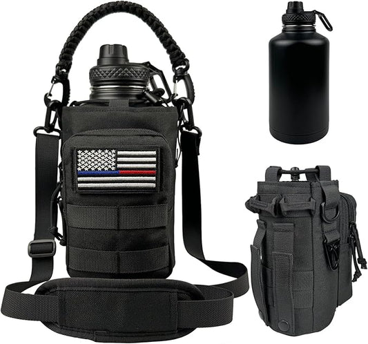 64 oz Insulated Water Bottle - Half Gallon Water Bottle with Sleeve Military Stainless Steel Water Jug with Handle for Men Sports Workout Hiking with Black Water Bottles Pouch