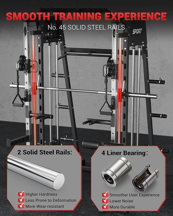 GarveeLife Smith Machine Home Gym All in One, 2200 LBS Squat Rack Power Cage with Smith Bar, LAT Pull-Down, Cable Systems, Leg Hold-Down and More Attachments, Workout Equipment (Red Black)
