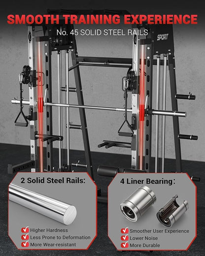 GarveeLife Smith Machine Home Gym All in One, 2200 LBS Squat Rack Power Cage with Smith Bar, LAT Pull-Down, Cable Systems, Leg Hold-Down and More Attachments, Workout Equipment (Red Black)