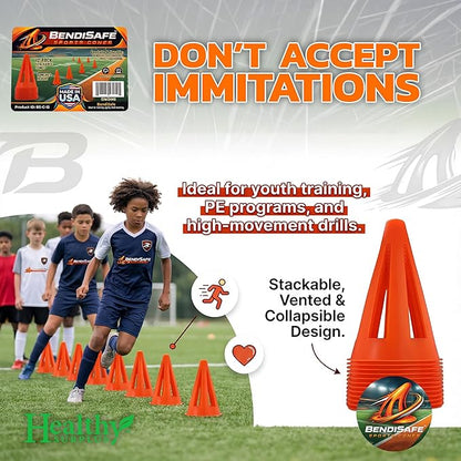 Soccer Training Cones Set of 12 - Flexible Agility Marker Cones for Soccer, Football & Basketball Drills- 9” Tall with 6” Base – High Visibility Orange Field Marker Cones - Made in USA - BendiSafe
